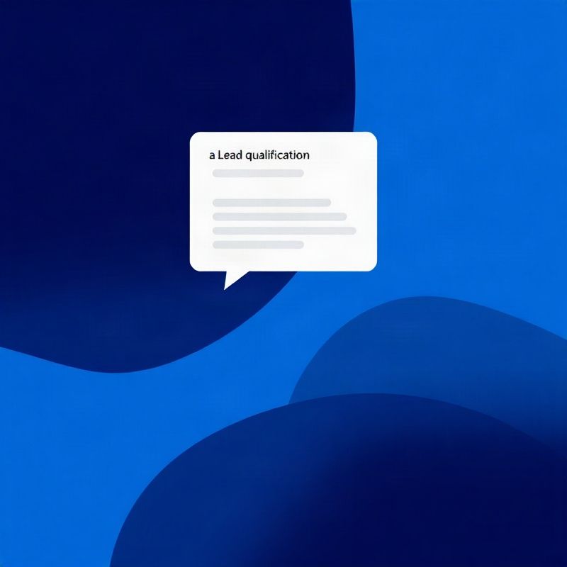 Abstract indigo gradient background with a minimal chat bubble UI showing a lead qualification conversation