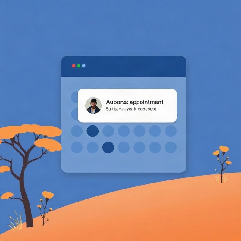 Flat illustration of a calendar interface with an indigo colour scheme and a chat bubble confirming an appointment