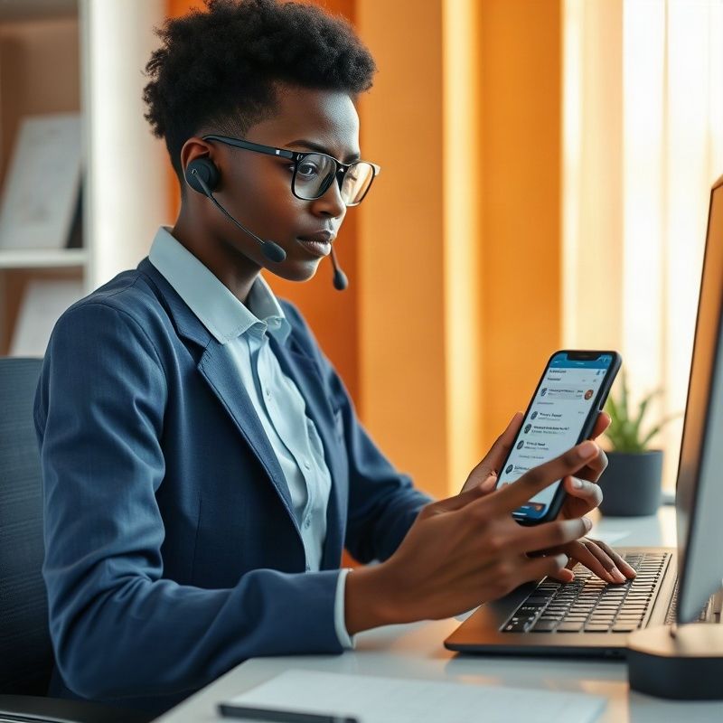 Kenyan customer service professional at an indigo-accented desk with a live chatbot on a smartphone