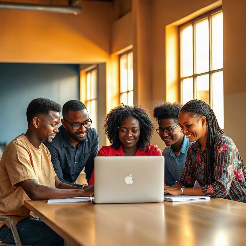 Vividlvivid team of four Kenyan professionals collaborating in a bright Eldoret co-working space